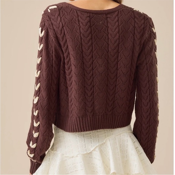 Altard State V-Neck Cable Knit Cropped Sweater Cardigan in Chocolate Brown - Picture 4 of 6
